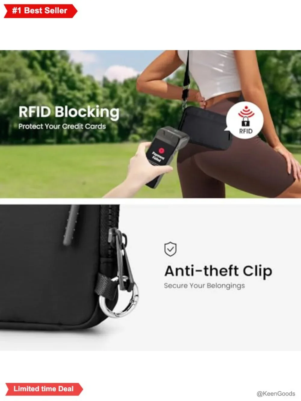 Nylon RFID Wristlet Crossbody Wallet with Card Slots & Anti-Theft Lock